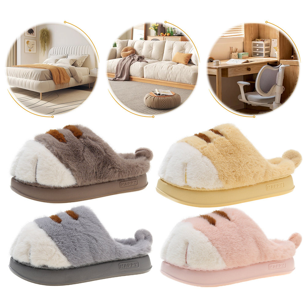 3d gato pata chinelos de pelúcia quente deslizamento-on casa sapatos anti deslizamento plana chinelos térmicos pata peluda casal chinelos para o outono inverno