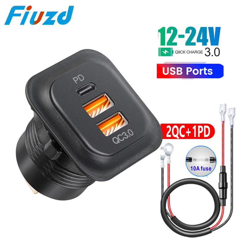 Pengisi daya USB mobil, QC3.0 PD Tipe C USB dengan port led tomada usb 12v adaptor untuk mobil motor ATV sepeda motor