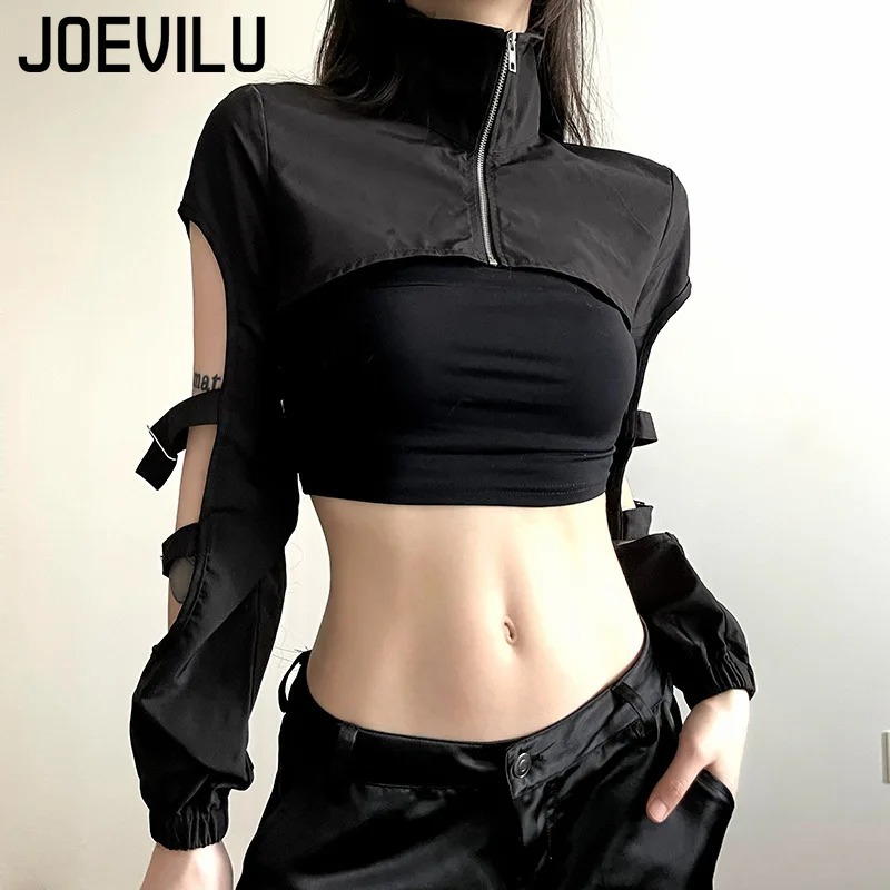 JOEVILU vrouwen Cyberpunk Goth Harajuku Crop Tops Lange Mouw Hollow Out Rits T-shirt Y2K Grunge Streetwear Jas voor dansen