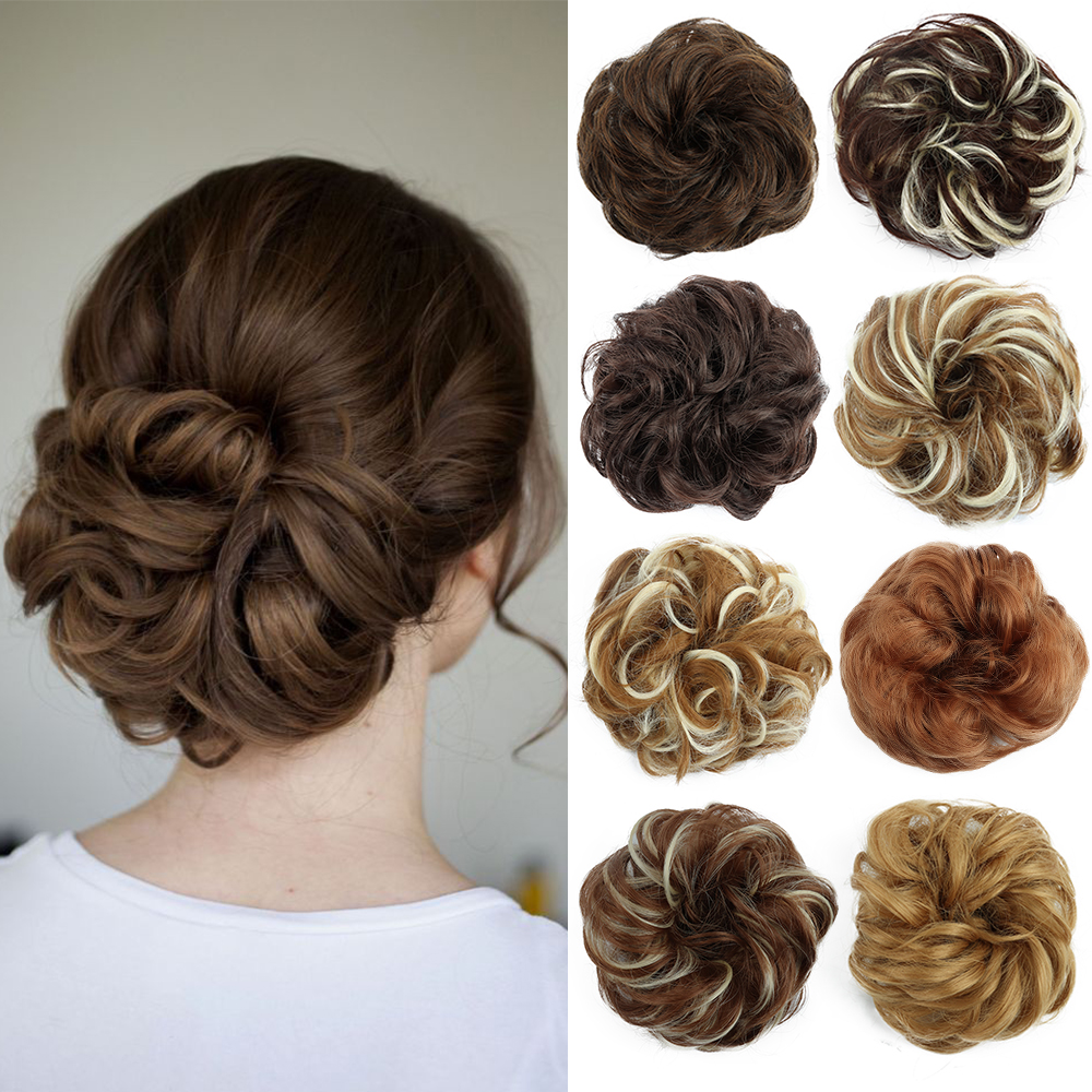 Peruca de coque de cabelo sintético donut ondulado elástico borracha scrunchie peças de cabelo senhoras rabo de cavalo extensão do cabelo encaracolado envoltório