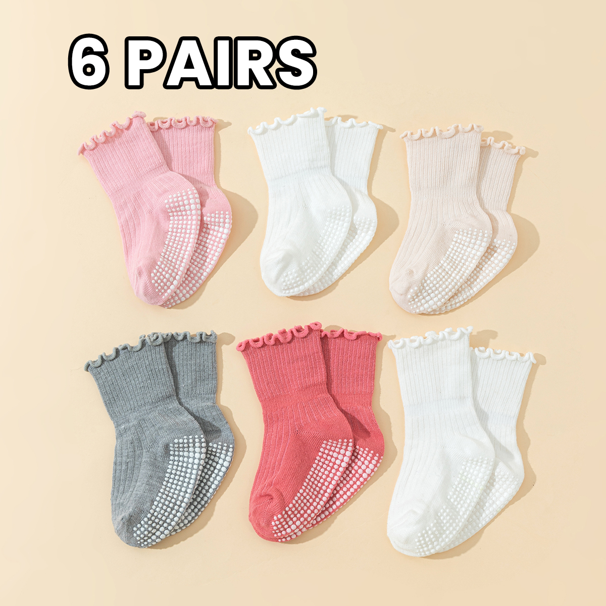 6 pairs  girls' toddler cotton socks with lace - baby anti-slip dot gel socks, cute walking socks with non-slip ruffles design