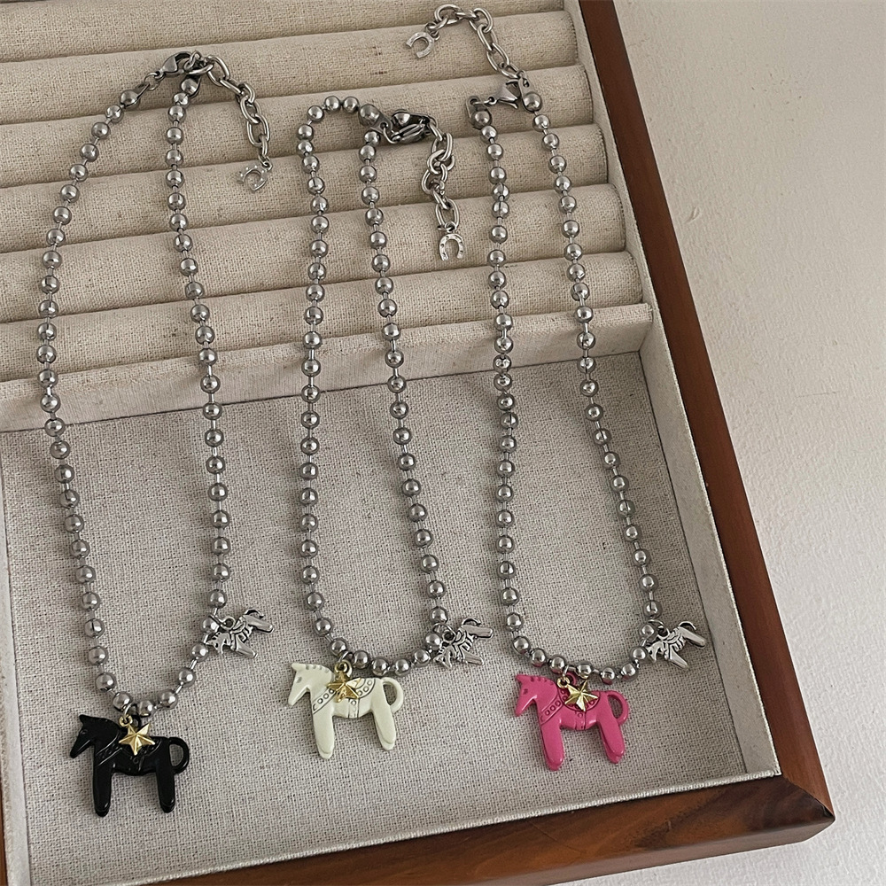 LATS White Black Green Blue Pink Color Enamel Colt Horse Pendant Necklaces for Women Silver Plated Alloy Beads Chain Chokers