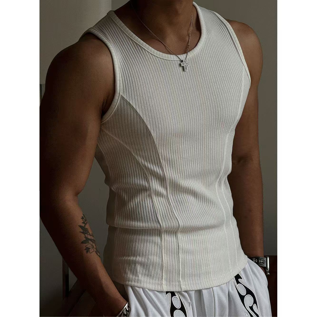 American-style vest men slimming summer threaded vertical stripes tight elastic spliced fitness waistcoat sleeveless vest