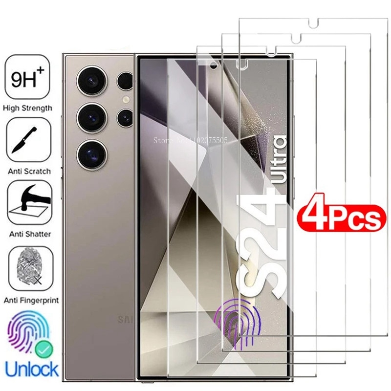 4 шт. закаленное стекло для Samsung Galaxy S24 Ultra S24 + Plus, разблокировка отпечатков пальцев, защитная пленка для экрана S24Ultra, защитное стекло