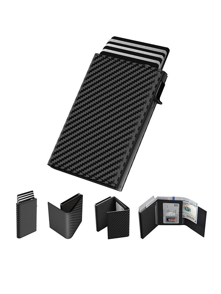 YATBEST-Bolso para tarjetas para hombre, caja de aluminio emergente automática, cepillo antirrobo RFID, billetera minimalista ultrafina, Clip para tarjetas de crédito de cuero