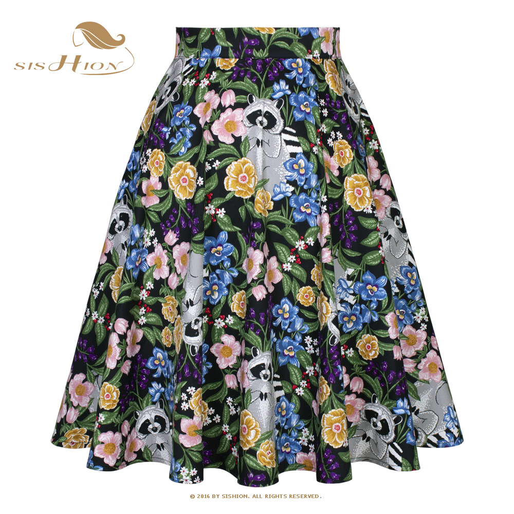 SISHION-Falda de algodón con estampado Floral para Mujer, Falda de cintura alta con estampado Floral de mapache, color negro, Estilo Vintage, años 50 a 60