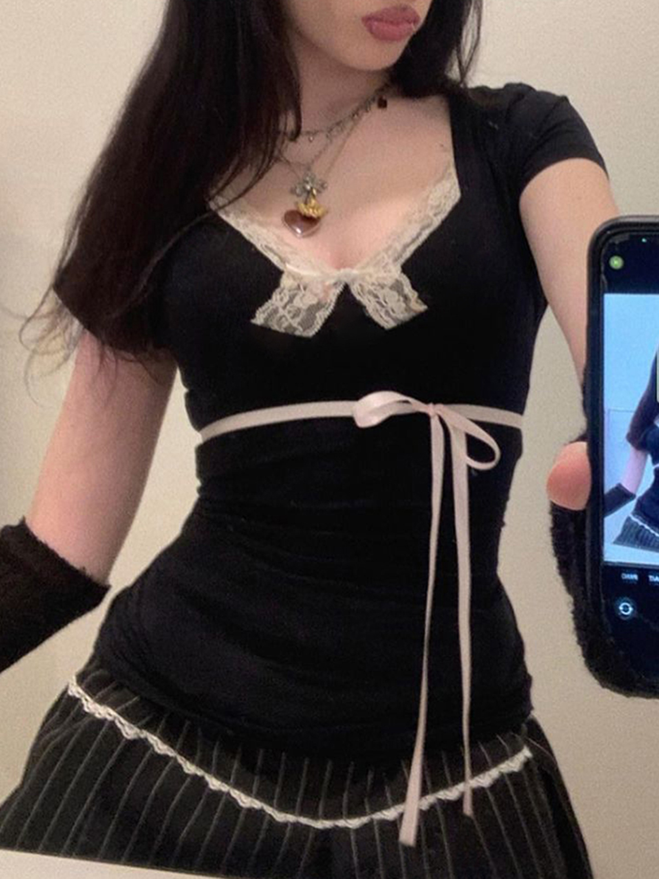 日本のかわいいコントラストレースネクタイボウスクエアカラースリム半袖黒 Tシャツ女性ピンク甘いバレエコアかわいい Tシャツ