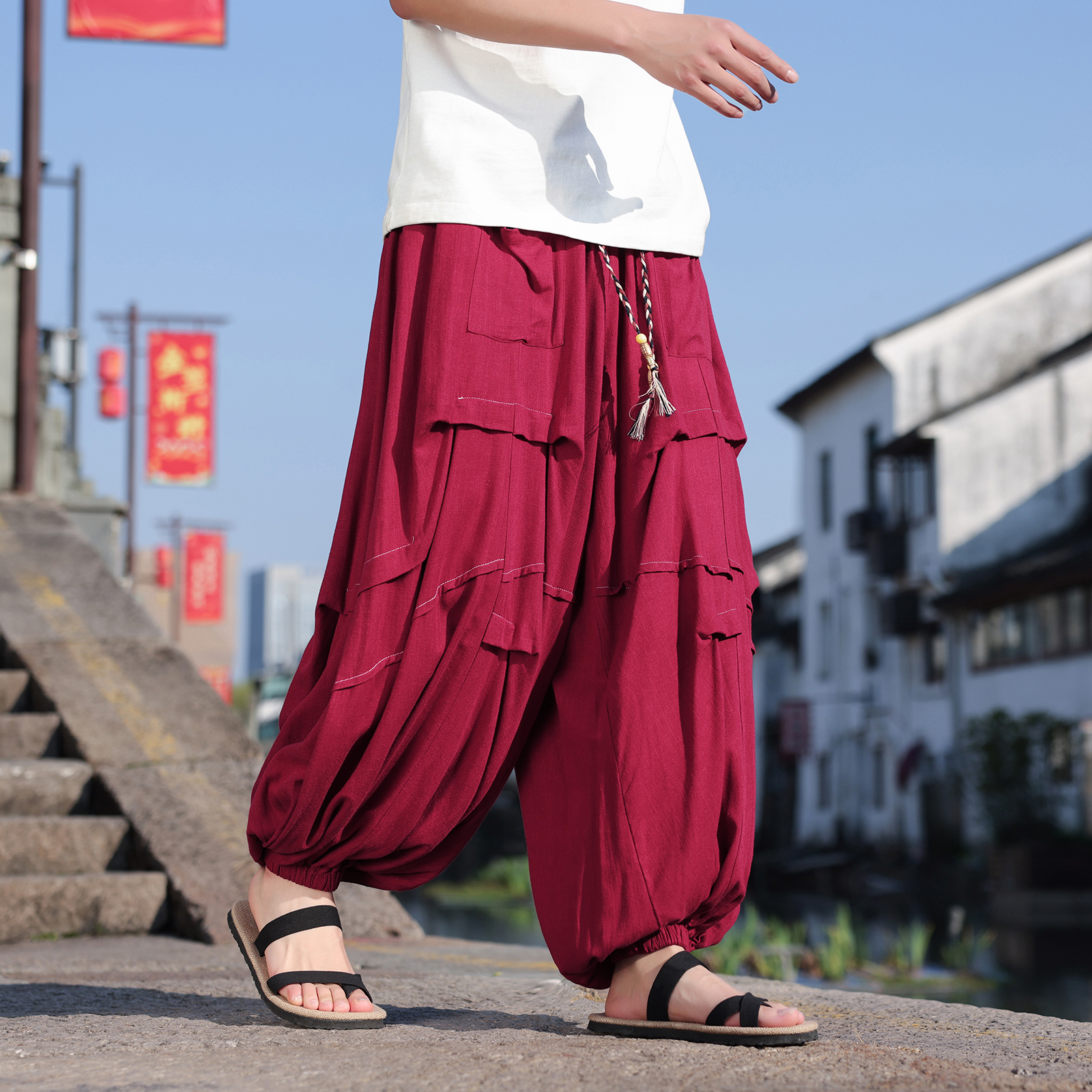 Calça lanterna japonesa solta casual harem respirável confortável linho gelo seda relaxado ajuste calças de perna larga plus size5xl