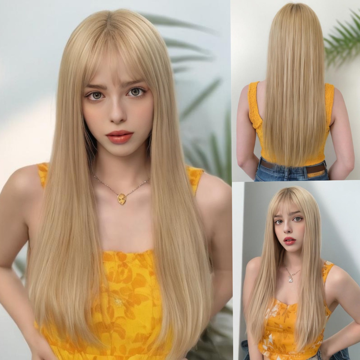 Peluca sintética de moda para mujer, flequillo de aire, pelo largo y liso, beige, blanco, seda de alta temperatura, fibra sintética, cubierta de cabeza completa