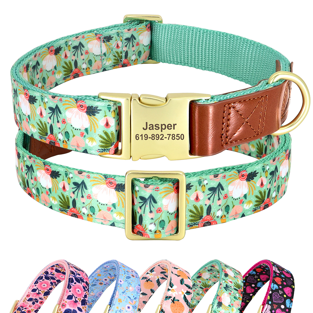 Niestandardowa grawerowana obroża dla psa Regulowana obroża z klamrą dla zwierząt Anti-lost Flower Printed Dla małych średnich dużych psów Buldog francuski