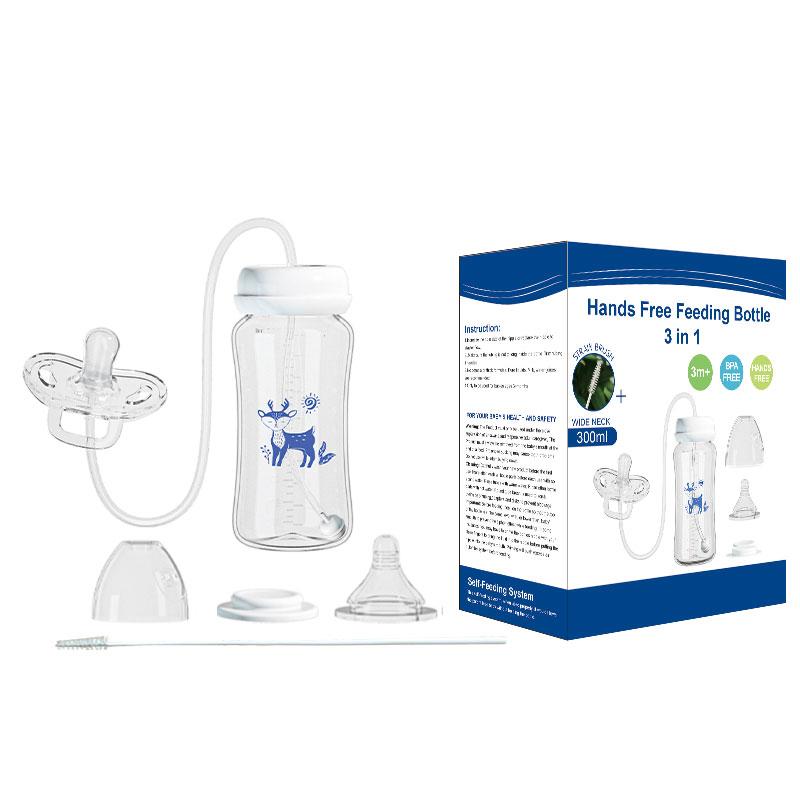 Garrafa de bebê 3 em 1, mãos livres, 300ml, pescoço largo, garrafa de armazenamento de leite, chupeta, multifuncional, garrafa de alimentação de bola de gravidade anti-queda