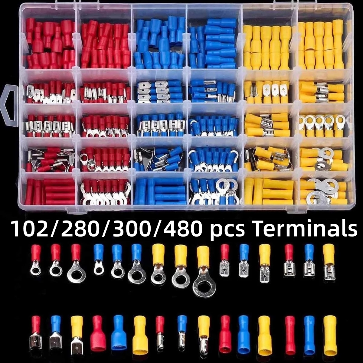Kit de Conectores de Fio 102/280/300/480PCS Terminais Isolados Macho e Fêmea Terminais de Crimpagem a Frio Terminais de Crimpagem Variados