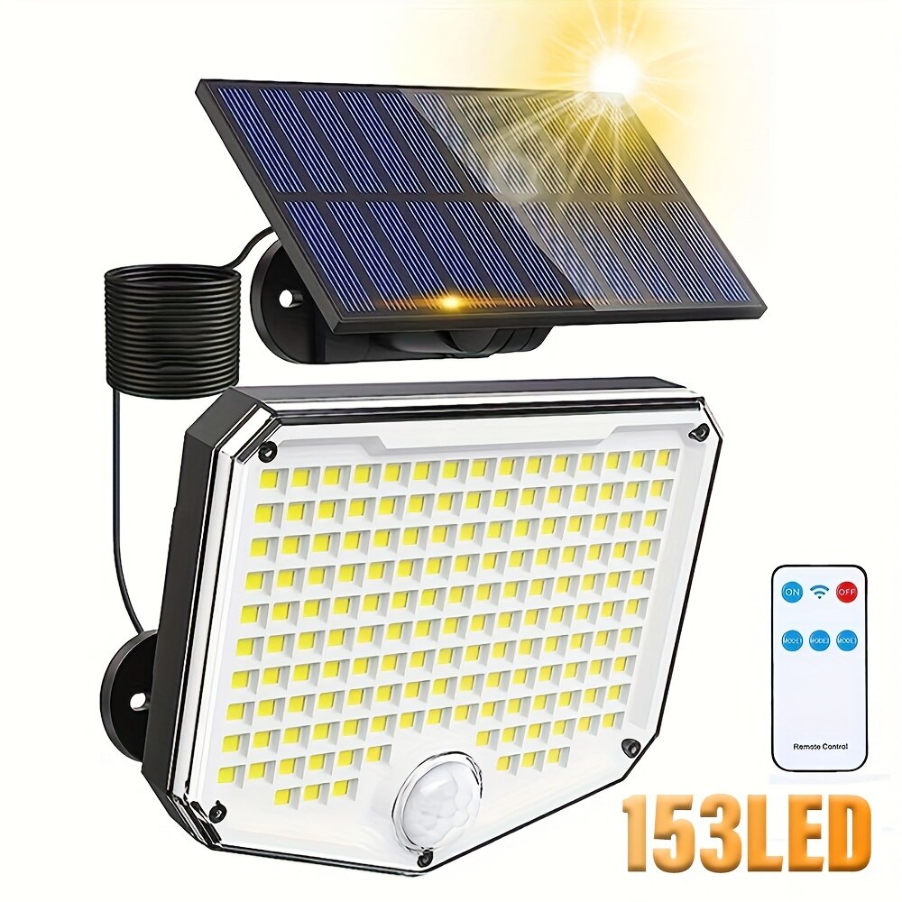 Applique murale solaire extérieure avec détecteur de mouvement, télécommande, lumière de sécurité 3 modes, étanche IP65, porche, garage, 153LED