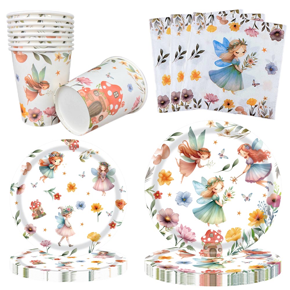 Fata Stoviglie Piatti Tazze Tovaglioli Fata Forniture per feste di compleanno Fate di fiori Tema Ragazza Compleanno per bambini Baby Shower Decorazioni per feste