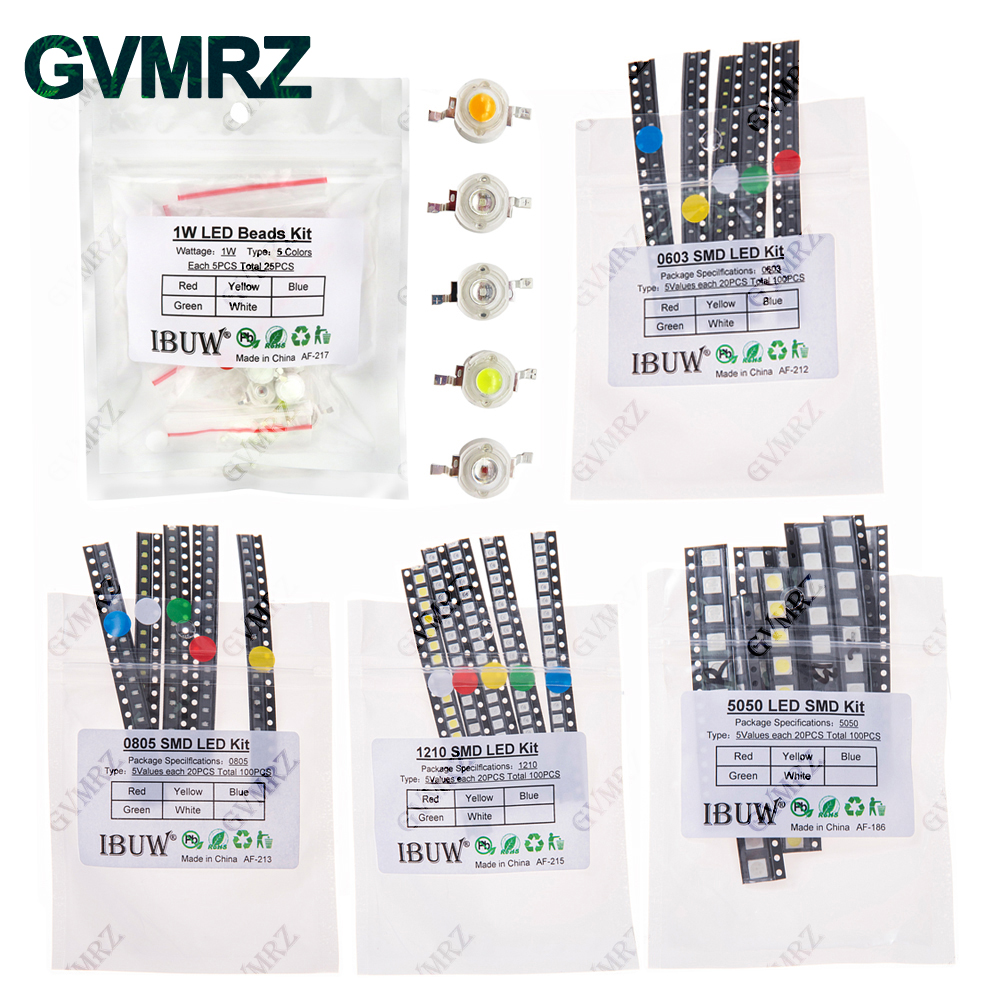 100 sztuk, 5 kolorów, po 20 sztuk każdego, diody LED SMD 5730 5050 3528 1210 1206 0805 0603 0402, zestaw: czerwone, zielone, niebieskie, białe, żółte.