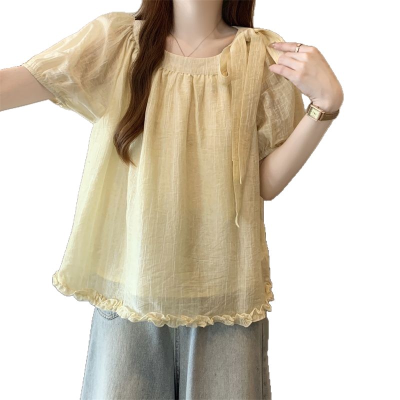 Abbigliamento estivo da donna di taglia grande, nuovo, tinta unita, stile ampio e grazioso, con fiocco e bordo a fungo, girocollo, top a maniche corte.