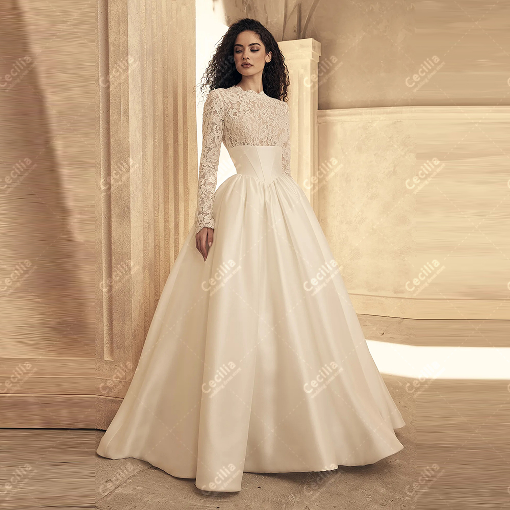 Lindo vestidos de casamento uma linha vestidos de noiva de cetim modestos robes mangas completas encantador muçulmano personalizado vestidos de novia 2025