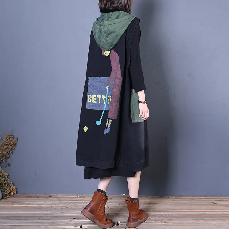 Retro Vrouwen Lange Capuchon Vest Zomer Herfst Vest Gratis Verzending Mouwloze Tops Plus Size Koreaanse Mode Losse Grote Zak Nieuw