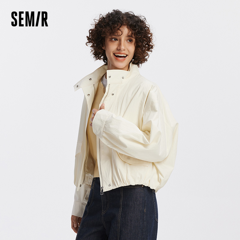 Jaket Wanita Semir Kerah Tegak Solid Model Bubble Hem Oversize Dropped Shoulder Gaya Kasual Pakaian Luar Musim Gugur untuk Sehari-hari 2026