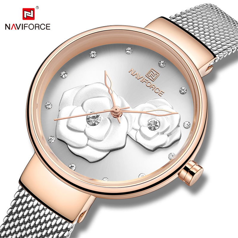 Relógio feminino naviforce topo marca de luxo malha aço à prova dwaterproof água senhoras relógios flor quartzo feminino relógio pulso encantador menina