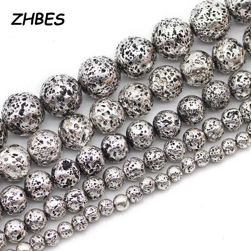 4/6/8/10/12MM Natural Lave Stone Volcanic Antique silvery Spacers Rounds Loose Beads For DIY Jewelry Making Bracelet Accessories