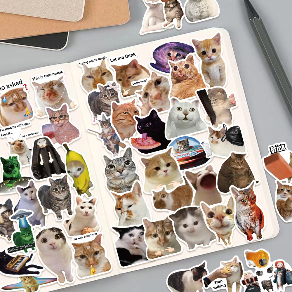 50 autocollants mignons et amusants de chats MEME, animaux, graffiti, pour DIY, journal, coque de téléphone, scrapbooking fait main, autocollants esthétiques