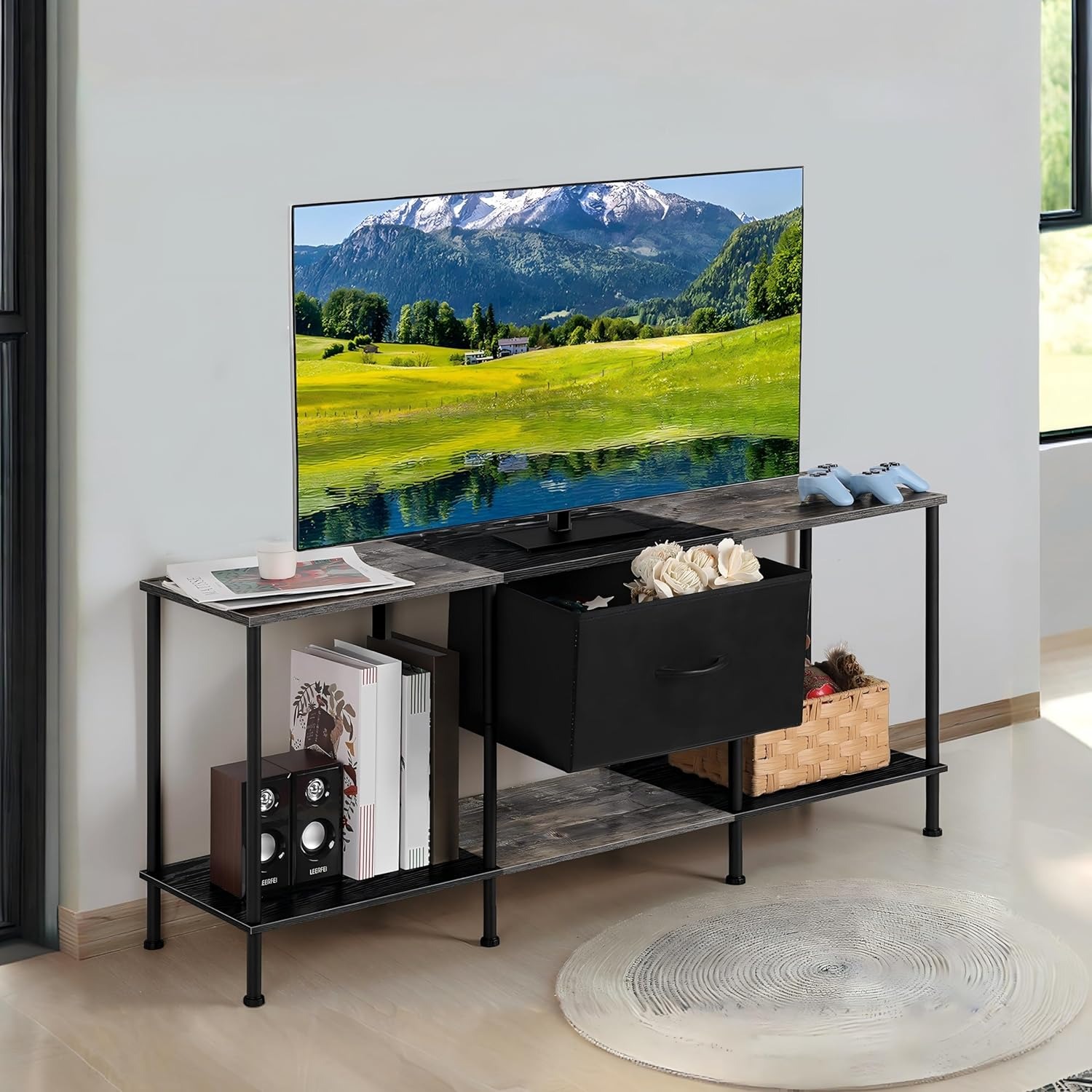 55-Zoll-TV-Ständer mit Stauraum – moderne Medienkonsole mit Stoffschränken und Regalen für das Wohnzimmer, Schwarz und Grau