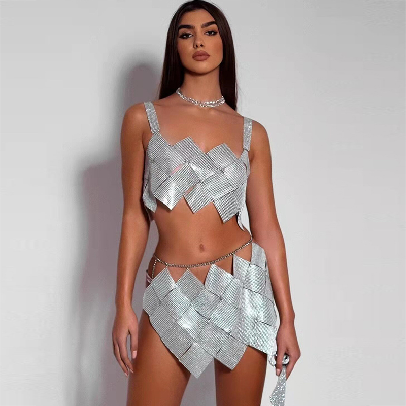 Shiny Crystal Rhinestone Women 2-częściowy zestaw Sexy Hollow Out Backless Rhombus Splicing Tank Tops Diamond Mini Skirt Club Outfits