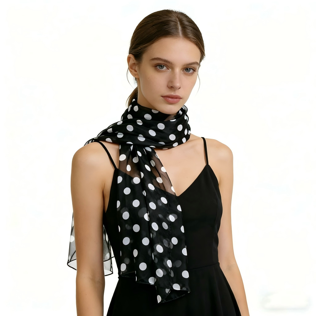 Syal Georgette Polkadot Wanita 160x50cm - Selendang Sifon Ringan untuk Mode Musim Semi/Musim Panas, Perlindungan dari Sinar Matahari, Pantai & Perjalanan