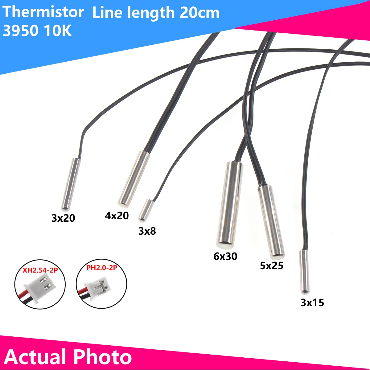 Sensor de Temperatura Negativo NTC Termistor 10K 3950, Comprimento do Fio 20cm, 3*8MM, 3*15MM, 3*20MM, 4*20MM, 5*25MM, 6x30mm