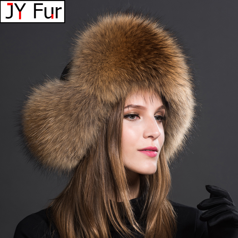 Phụ Nữ Tự Nhiên Gấu Trúc Lông Mũ Ushanka Nón Cho Mùa Đông Dày Ấm Tai Bomber Thời Trang Pom Pom Nón Nữ Thật Fox vải Lông Pompon