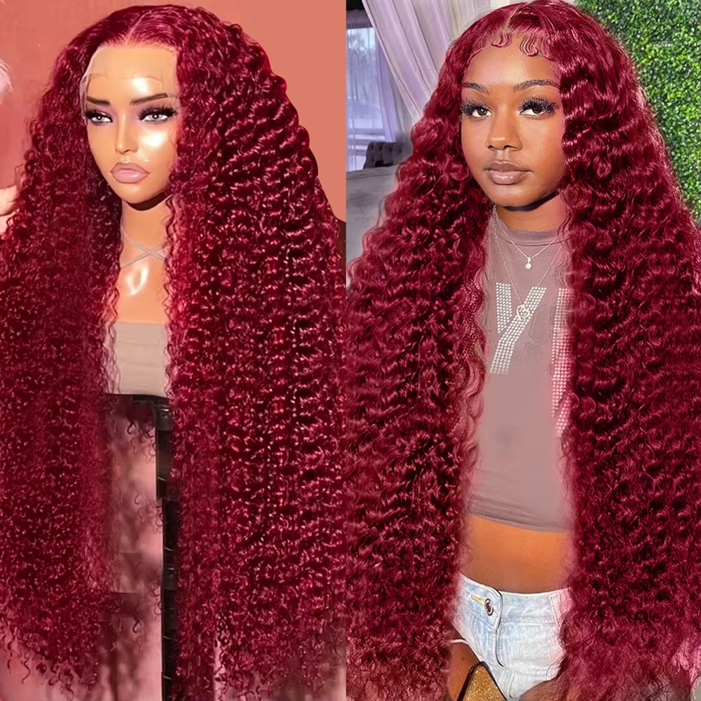 46 Inch Bourgondië 99j Deep Wave Frontal Wig Gekleurde Krullende Haarwerk van Echt Haar 200% Dichtheid 13x4 13x6 HD Kant Frontal Haarwerk van Echt Haar