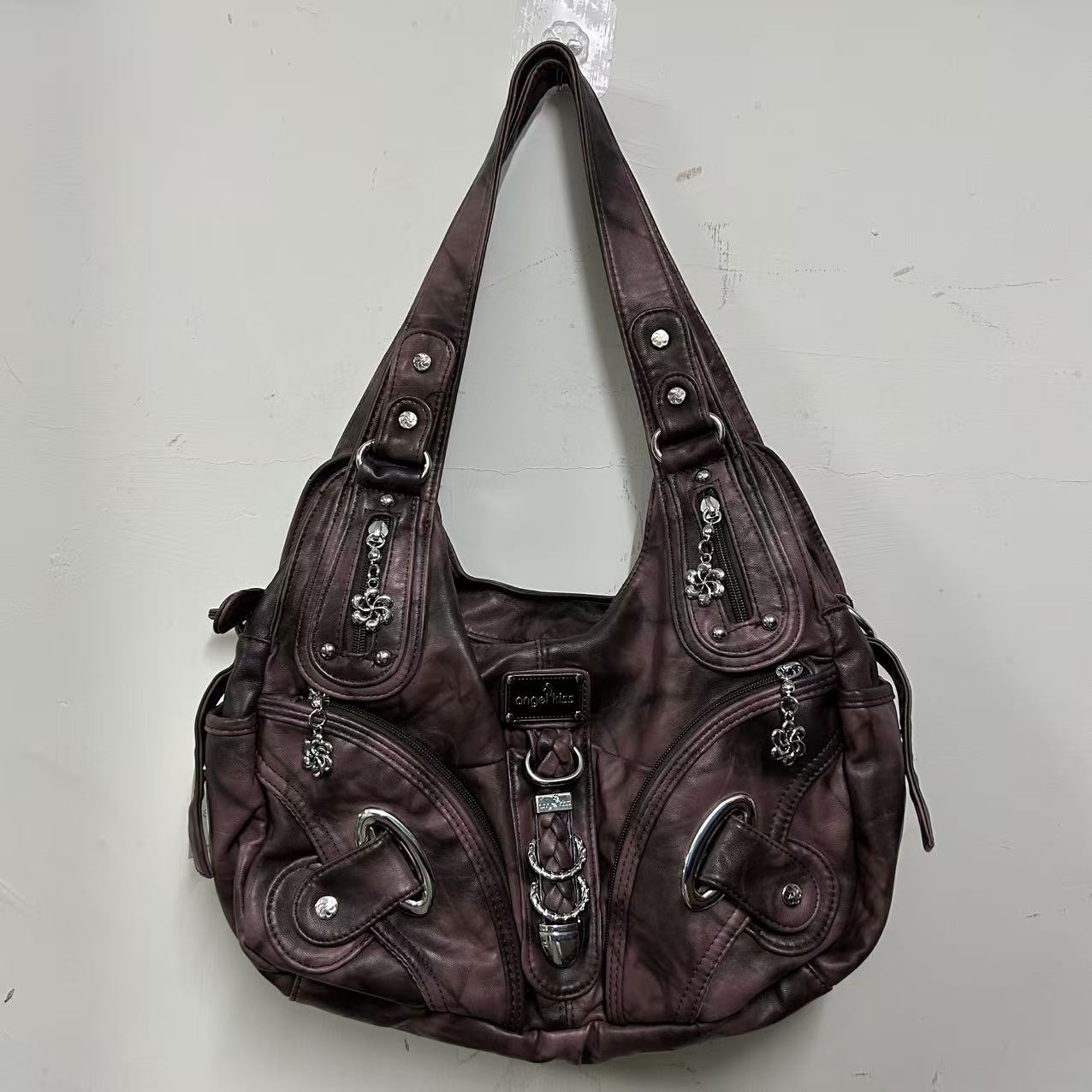 Bolsa de Ombro Feminina Angel Kiss, Grande, com Alça Superior, Estilo Dumpling, Multi-Bolsos, Cor Café