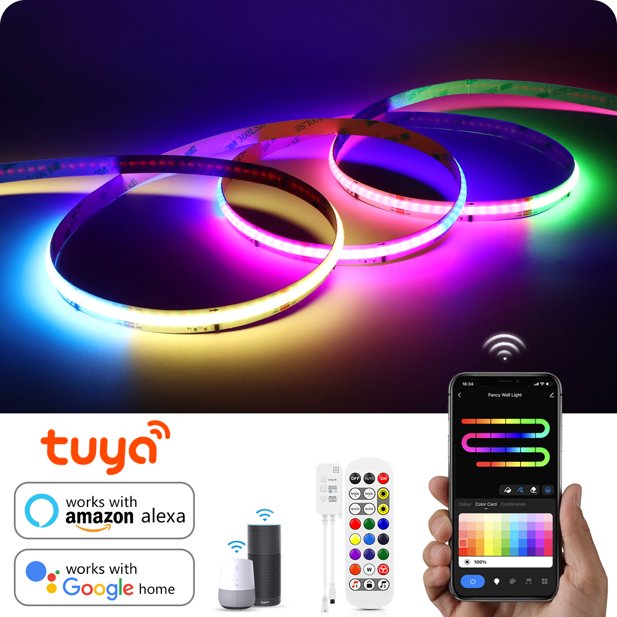 Bande lumineuse LED COB RGBIC intelligente Tuya Smart WIFI, adressable, WS2811 IC, flexible, néon RGB, 12V, contrôle par application pour Alexa Google