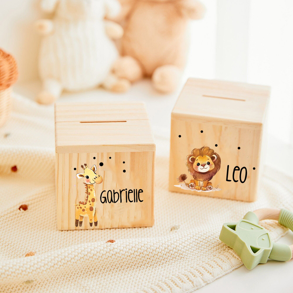 Benutzerdefinierte Name Kinder Sparschwein personalisierte Geld Holzkiste niedlichen Tiermuster Sammelbox neue Baby Geschenke