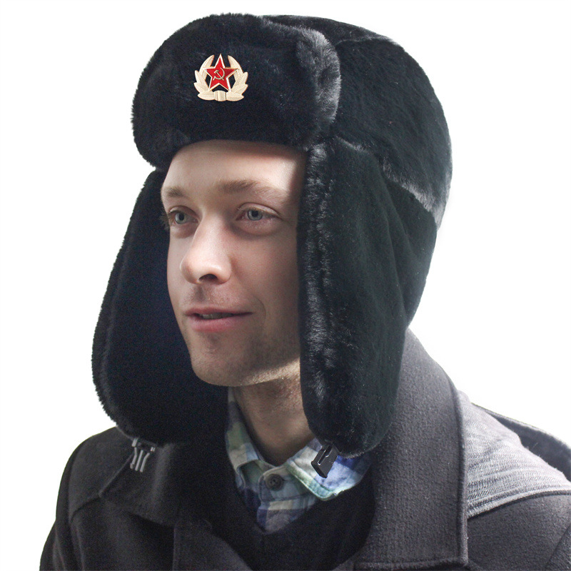 Emblema militar do exército soviético rússia ushanka bombardeiro chapéus piloto trapper soldado chapéu inverno falso pele de coelho earflap homens bonés de neve