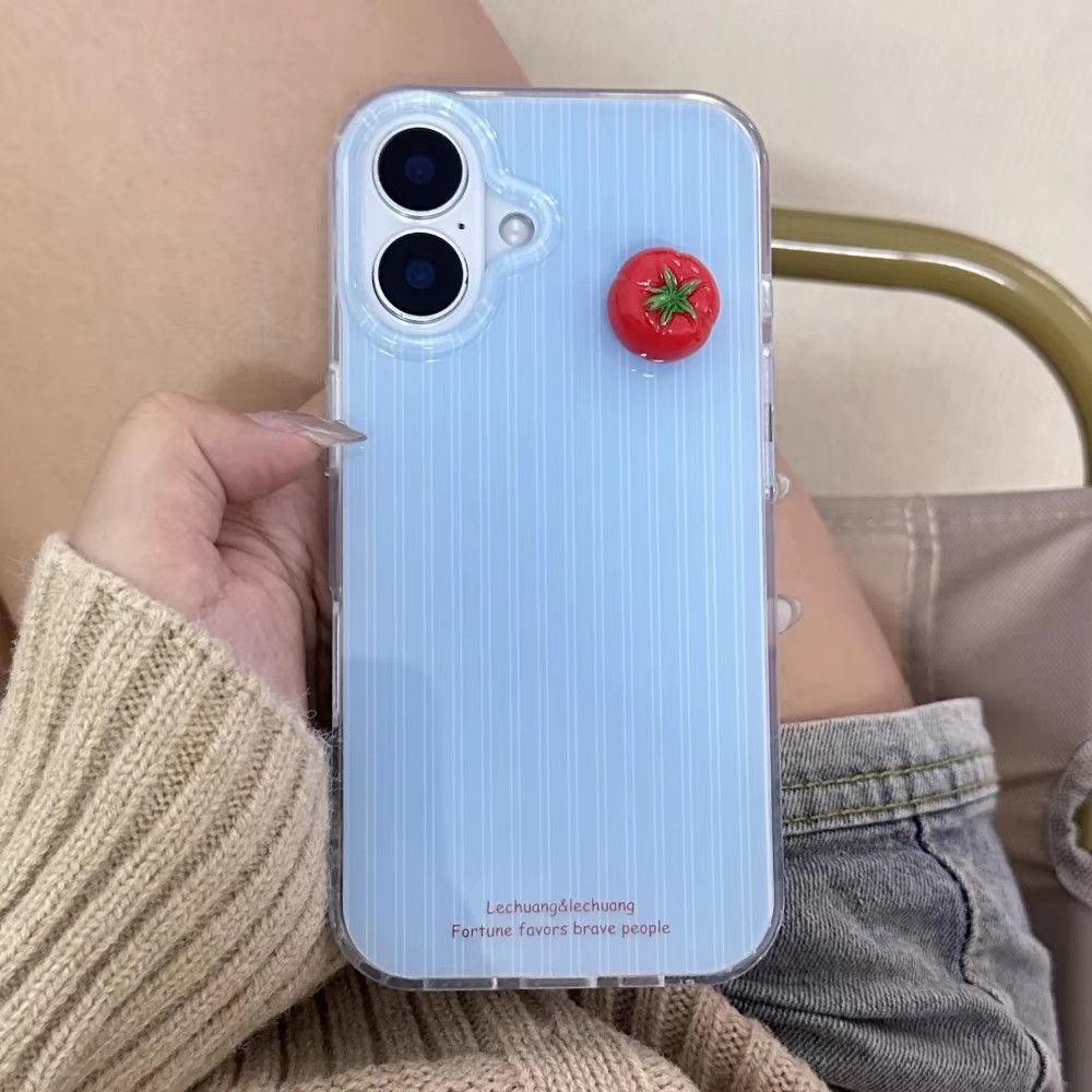 Custodia per telefono con pomodoro stereoscopico divertente striscia blu carina per iPhone 17 Air 16 Pro Max 15 14 Plus 13 12 11 Pro Cover posteriore antiurto