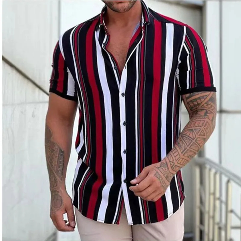 Nouveaux hommes chemises mode rayures imprimer à manches courtes t-shirts été hauts hommes col rabattu bouton t-shirt style décontracté vêtements