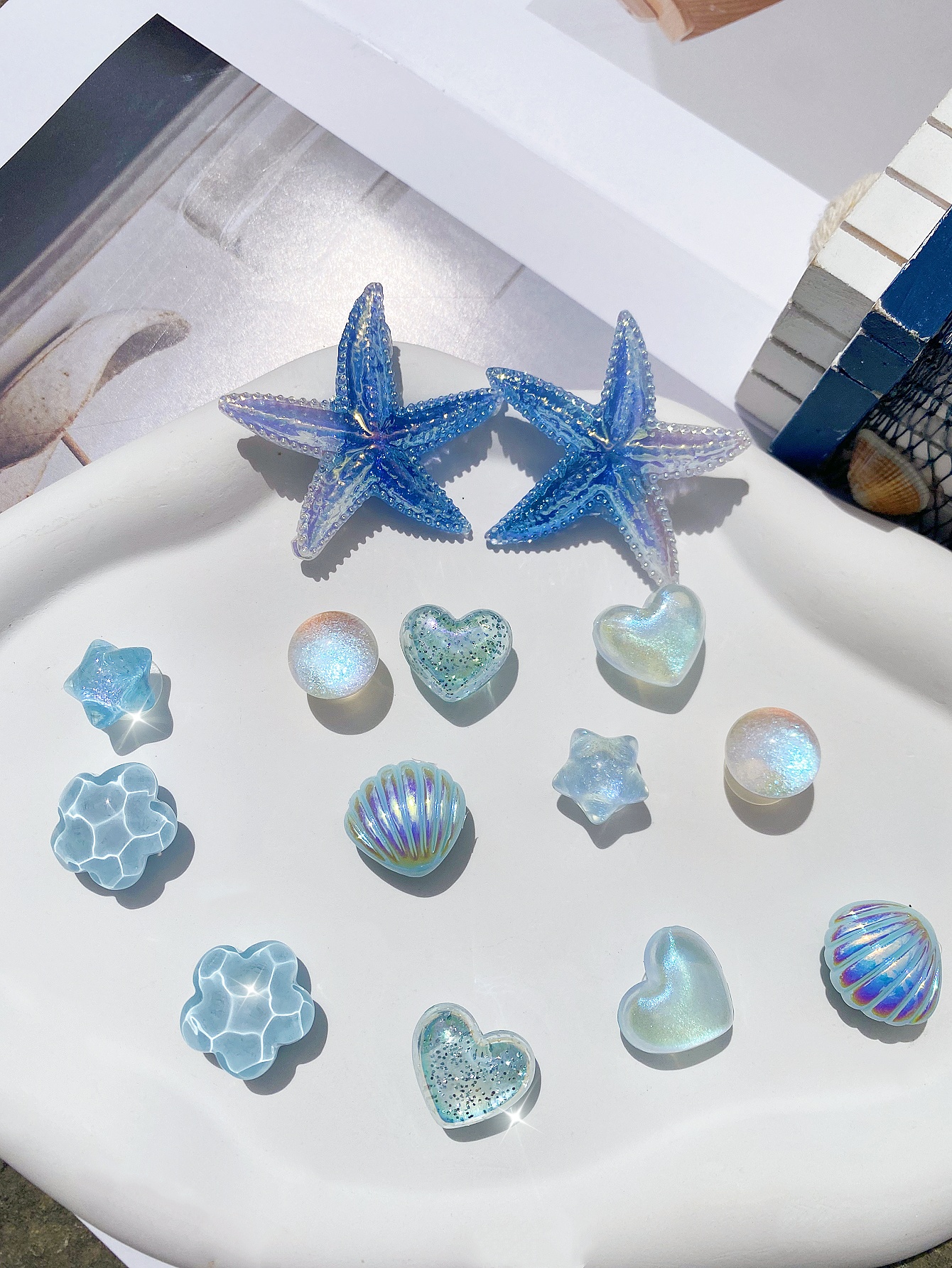 14 DIY concha azul, decorações de fivela de sapato de coração e estrela, acessórios de clipe de sapato multifuncional para sandálias femininas, chinelos