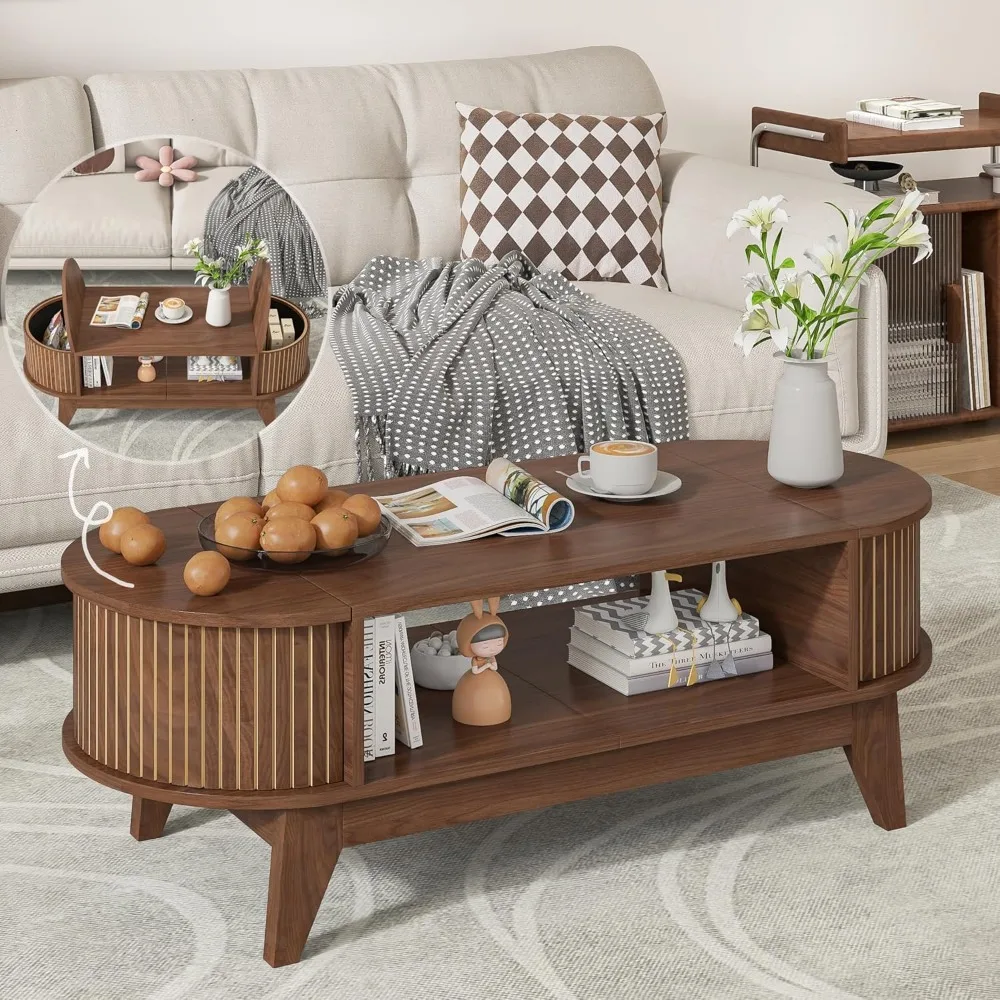 Couchtisch mit Stauraum, moderner Mid-Century-Couchtisch mit 2 klappbaren versteckten Deckeln, geschlitztem Couchtisch, Mitteltisch aus Holz
