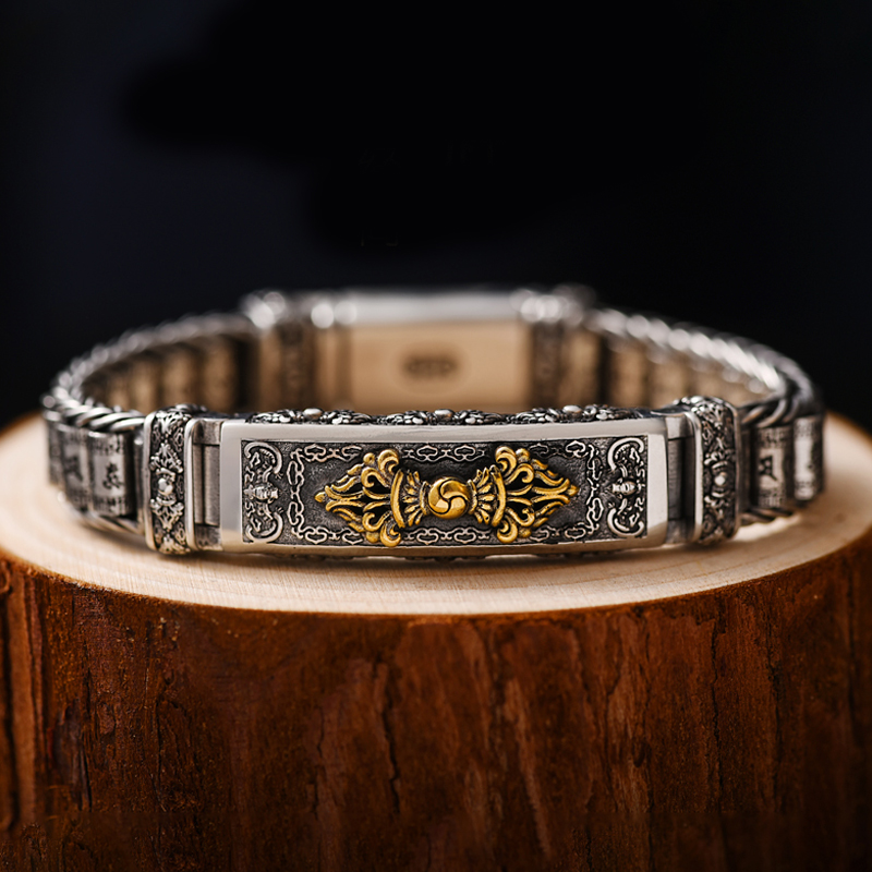 Nueva pulsera de Color plateado, estilo de personalidad para hombre, Retro, creativo, tejido a mano, Mantra de seis caracteres, cadena de cuentas de barril, joyería de regalo