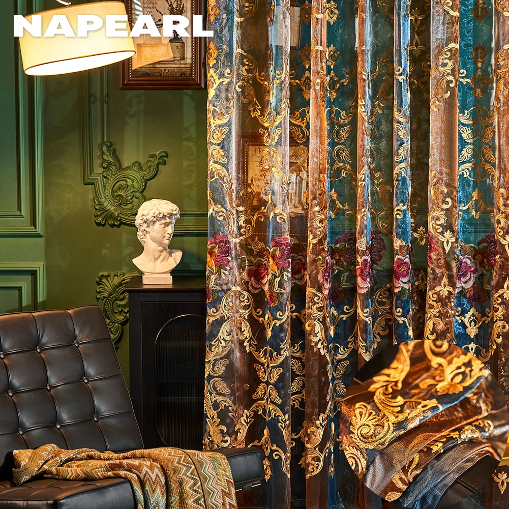 NAPEARL Tirai Jacquard Peony Warna Solid Tirai Linen Imitasi Tembus Pandang Poliester Kain Tekstil Rumah untuk Ruang Tamu