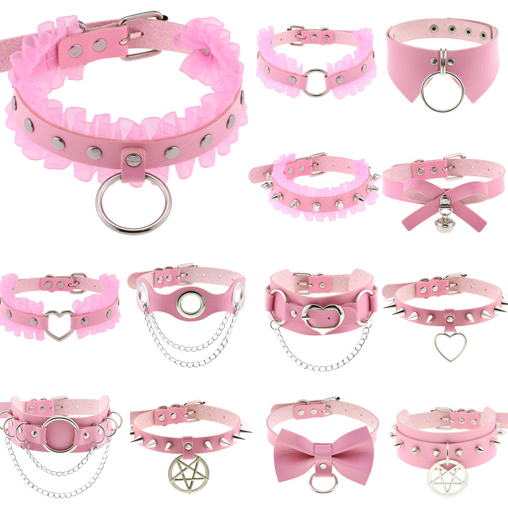 DIEZI Trendy Punk Rosa Spitze Leder Halsband Halskette Für Frauen Männer Drehmomente Harajuku Gothic Kreis Herz Anhänger Halskette Schmuck
