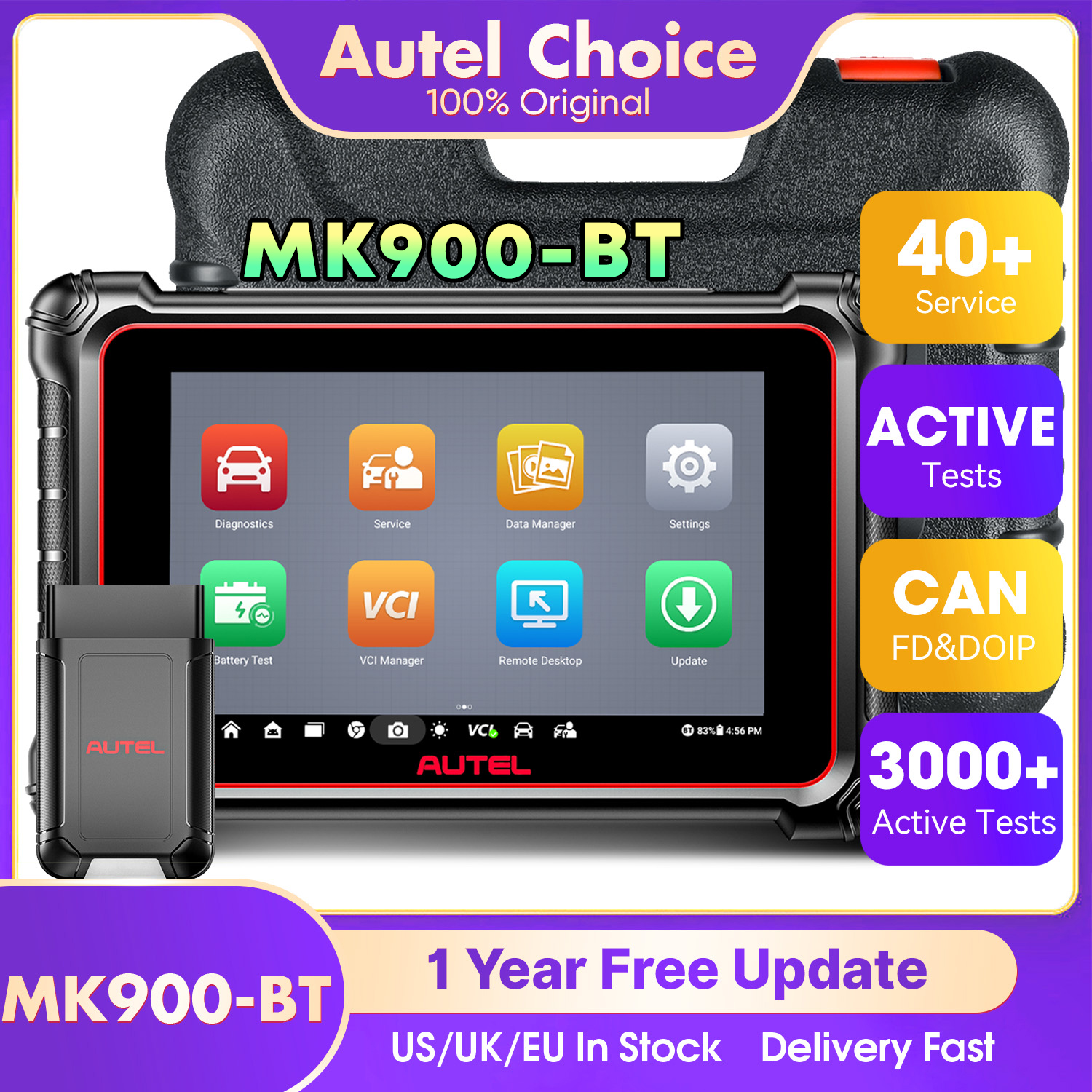 Autel MaxiCOM MK900BT MK900-BT Alat Diagnostik Dua Arah CAN FD/ DOIP Pemindai OBD2 Mobil Otomatis Upgarde dari MK900 MK808BT Pro
