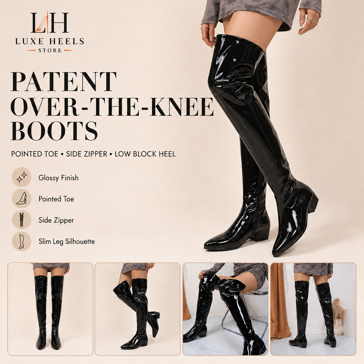 Women's Black Patent Leather Thigh High Boots, Low Block Heel Side Zipper Over-the-Knee Boots, Pointed Toe Party Boots