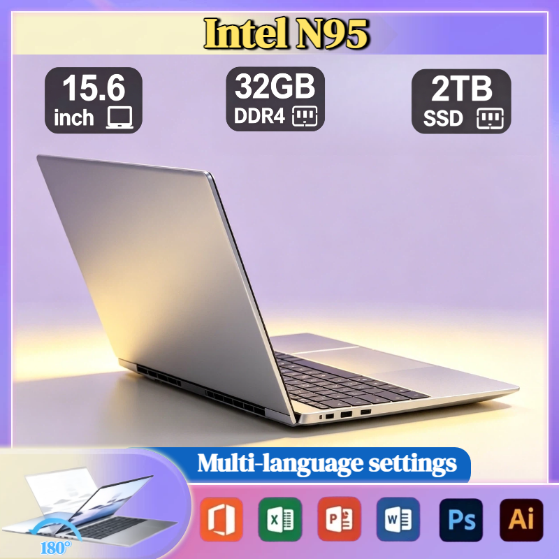 Portátil Intel N95 2026 de 15.6 Pulgadas, 32GB DDR4, 2TB SSD, 7500mAh, para Oficina y Juegos, con Retroiluminación y Huella Dactilar