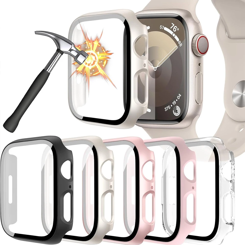 Verre + couvercle pour boîtier de montre Apple 45mm 44mm 41mm 42mm 40mm 38mm, accessoires protecteur d'écran dur série iWatch 9 8 7 6 SE 5 4 3