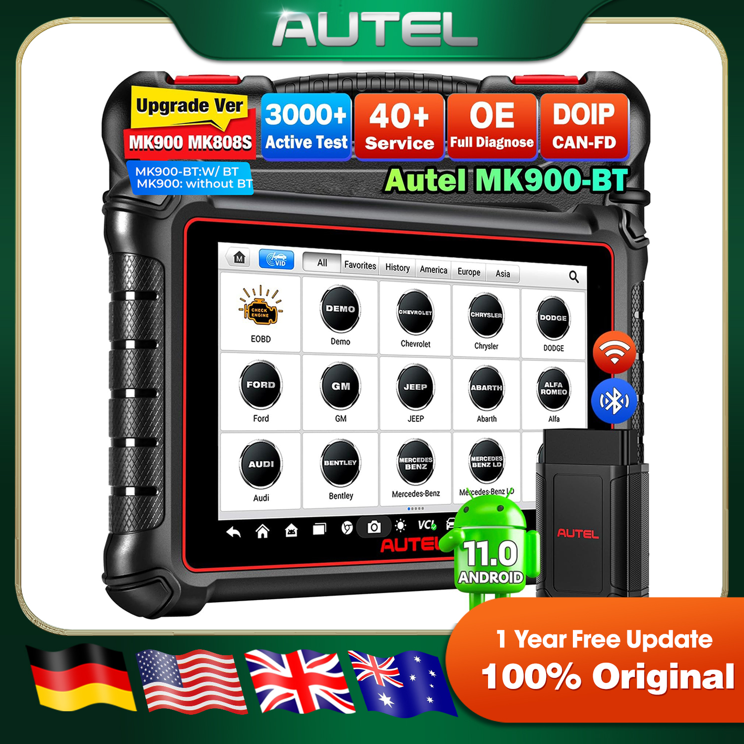 เครื่องมือวินิจฉัยรถยนต์แบบสองทิศทาง Autel MaxiCOM MK900BT เครื่องสแกน OBD2 รองรับบริการมากกว่า 40 รายการ ทดสอบแบบแอคทีฟมากกว่า 3K รายการ รองรับระบบ FCA ระยะ 33 ฟุต รุ่น BT ของ MK900 MX900 MK808S MK808BT PRO MX808S MK808Z 40+ บริการ 3K+ การทดสอบแบบแอคทีฟ 