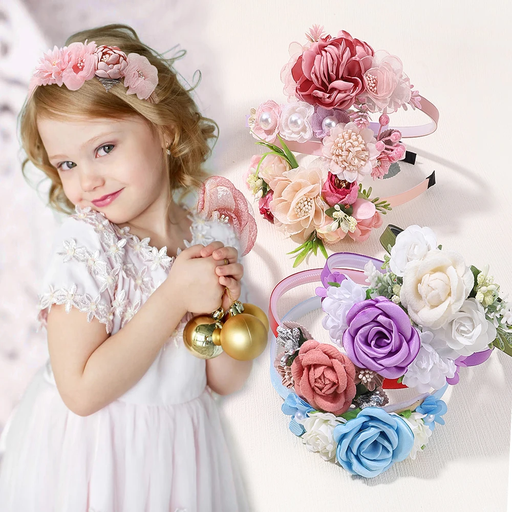 Preciosa diadema de flores con aro para el pelo para actuación de bebé, diadema de vestir para boda, accesorios decorativos para el cabello de niña, 1 ud.