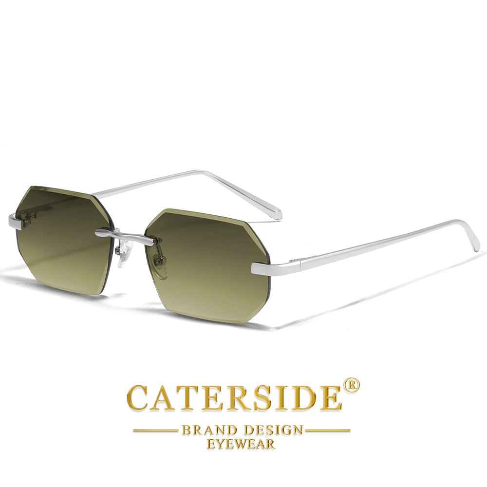 Caterside óculos de sol masculino sem moldura, lentes poligonais, templo de metal, retrô, design personalizado, presente de festival, uv400